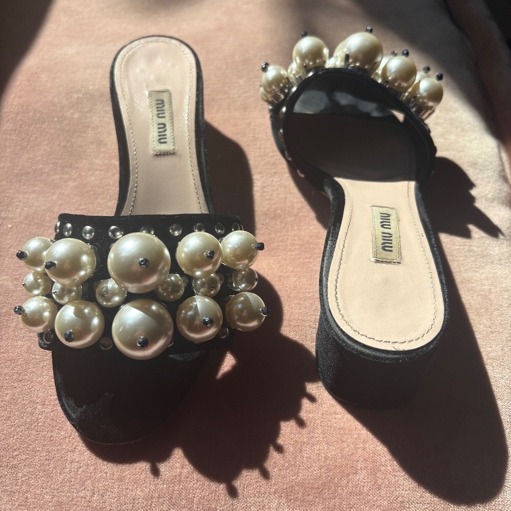 Miu Miu Velvet Pearl Block Heeled Mules